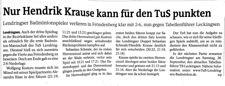 WP Artikel vom 16.09.2015 - Spieltag 3 der Ersten Badminton des TuS  Lendringsen 1894 e.V.