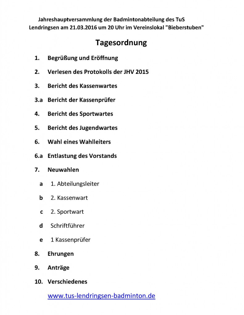 Tagesordnung JHV 2016